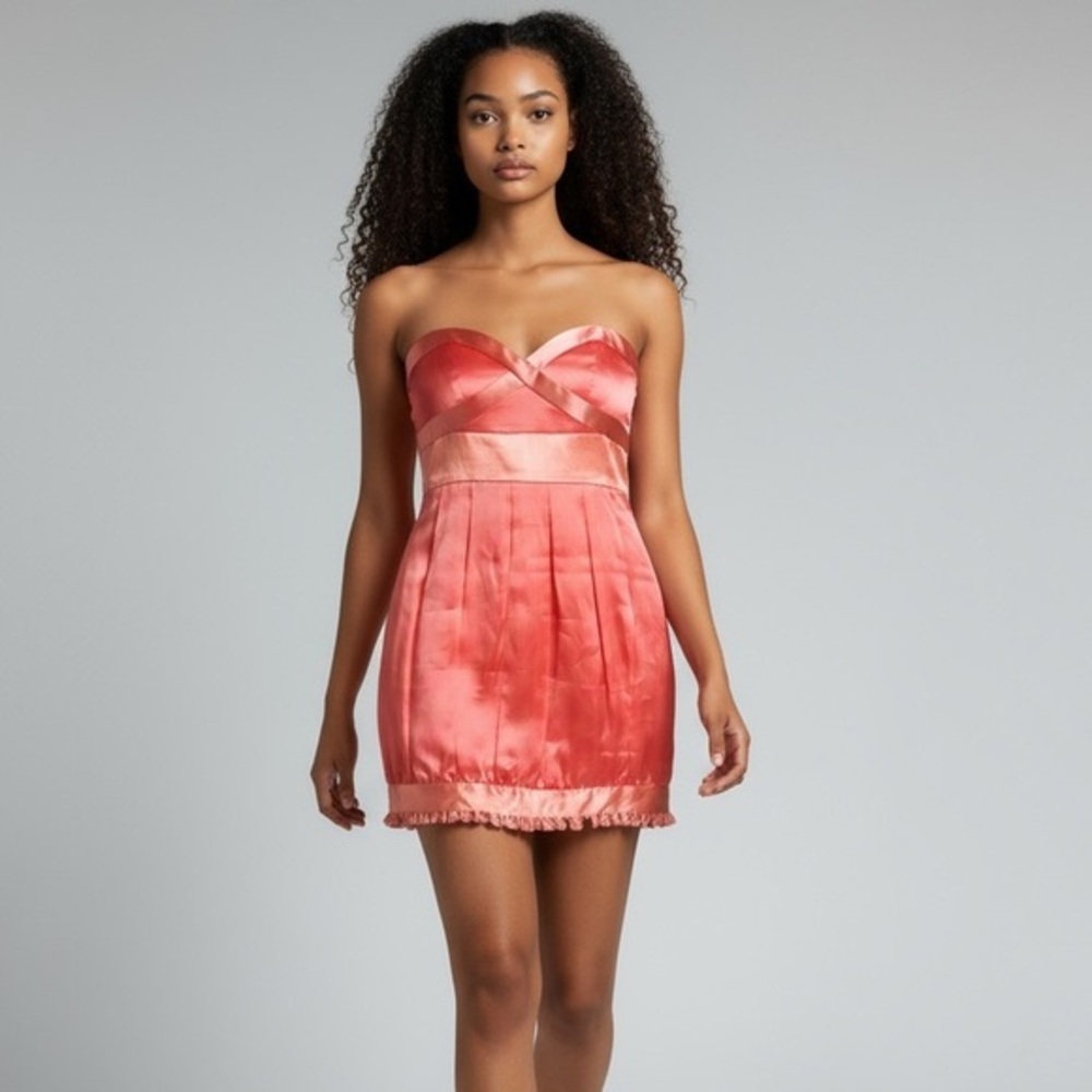 NWT $325 Laundry by Shelli Segal 100% silk, strapless dress in coral / pink